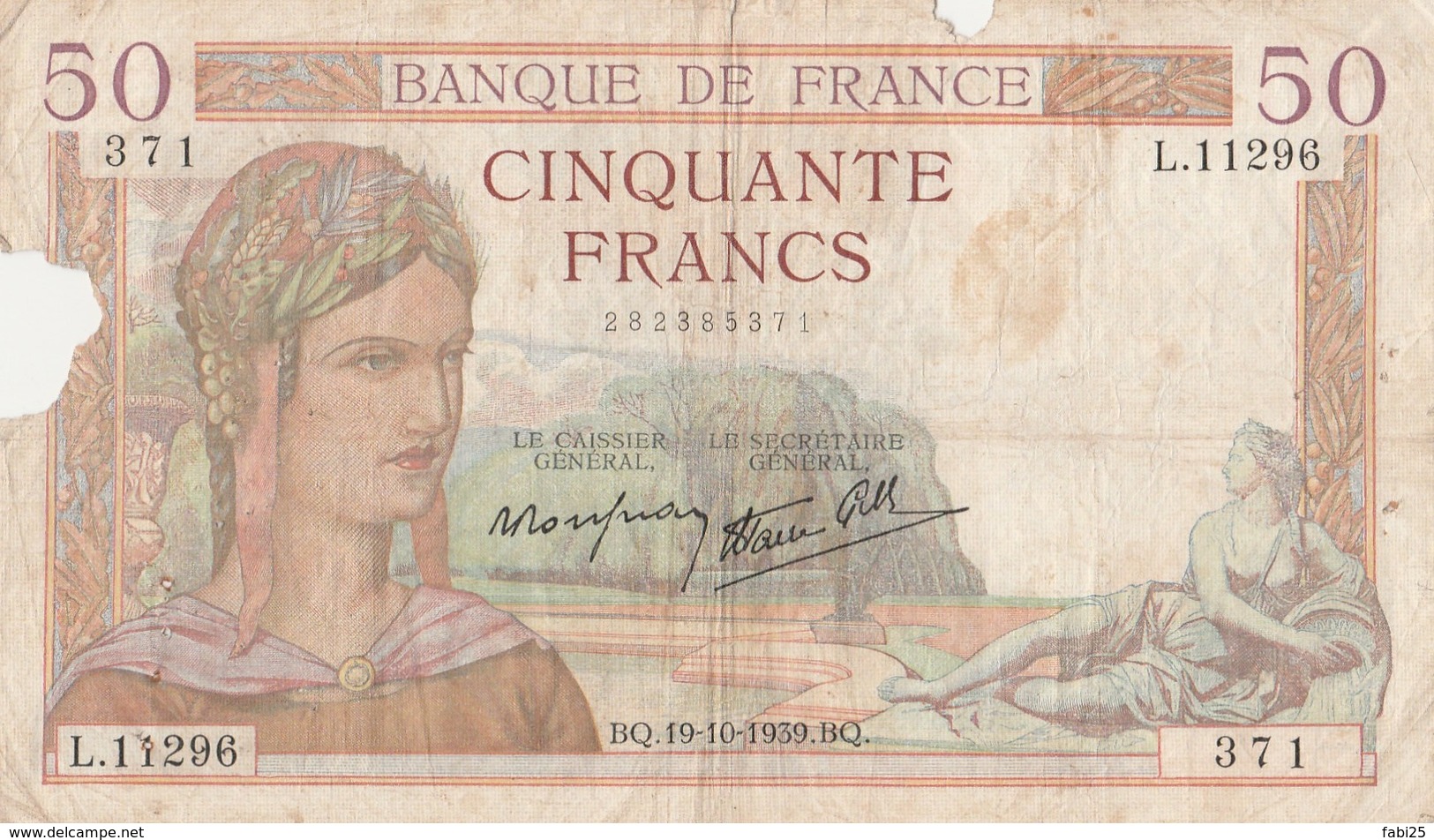 BILLET 50 FRANCS CERES 1939 ETAT CF SCAN - 50 F 1934-1940 ''Cérès''