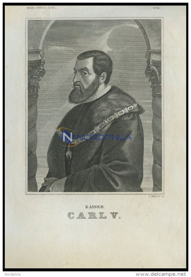 Kaiser Carl V., Stahlstich Von M&uuml;ller Sc. Um 1840 - Litografía