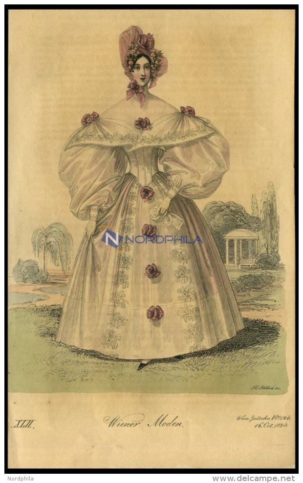 Wiener-Moden - Kleid Aus Besticktem Taft Mit Schleifchen Verziert, Altkolorierter Kupferstich Aus Wiener Zeitschrift F&u - Lithographien