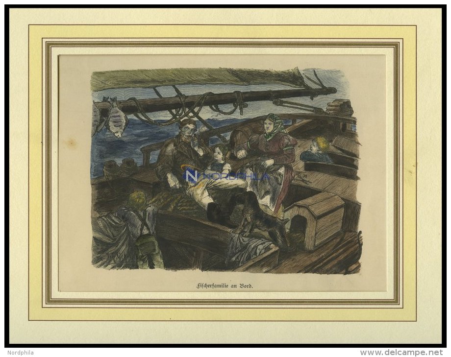 Fischer, Familienszene An Bord, Kolorierter Holzstich Von Gehrts Von 1881 - Lithographien