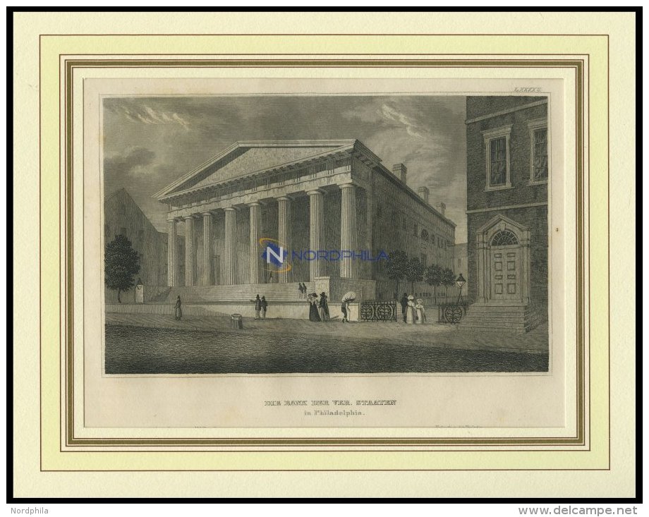 USA: Philadelphia, Die Bank Der Vereinigten Staaten, Stahlstich Von B.I. Um 1840 - Litografía