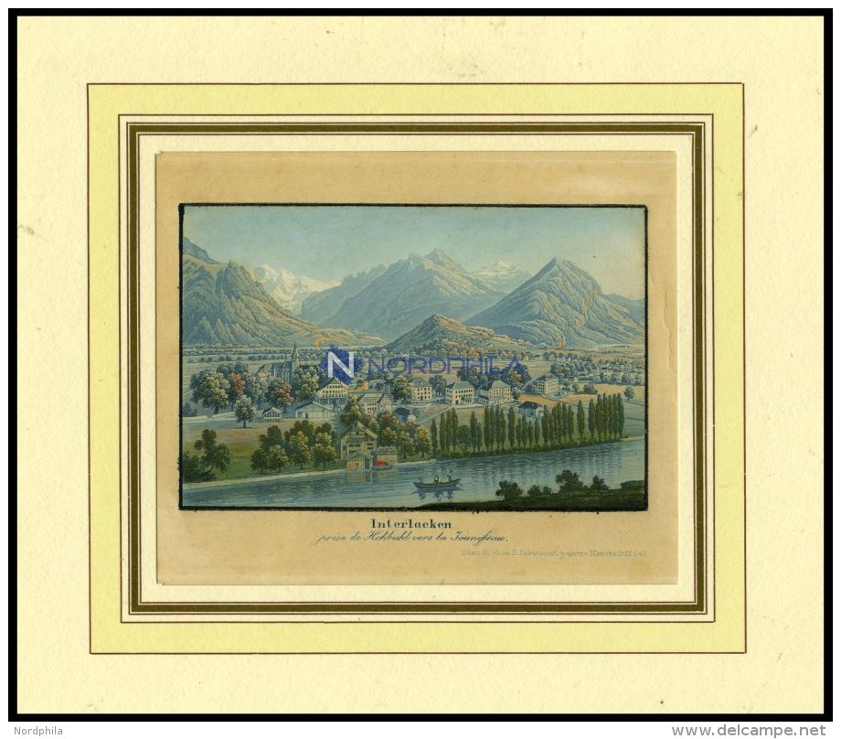 INTERLAKEN Mit Der Jungfrau, Altkolorierter Radierung Um 1820, Bei Diekenmann, Z&uuml;rich - Lithographien