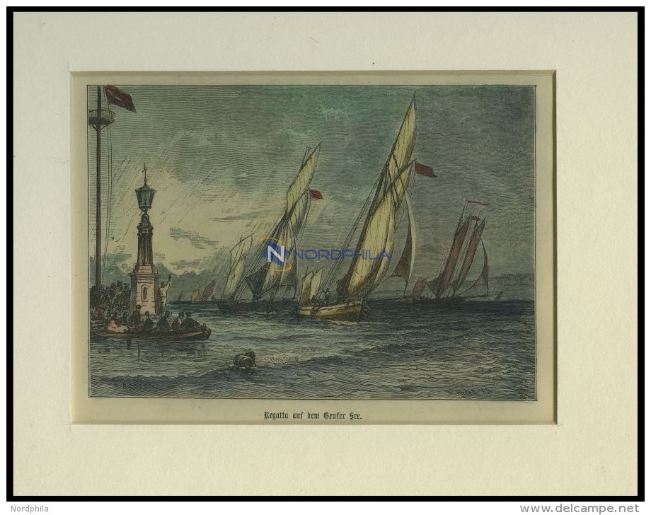 GENFER SEE: Boote Auf Dem See, Kolorierter Holzstich Um 1880 - Litografía