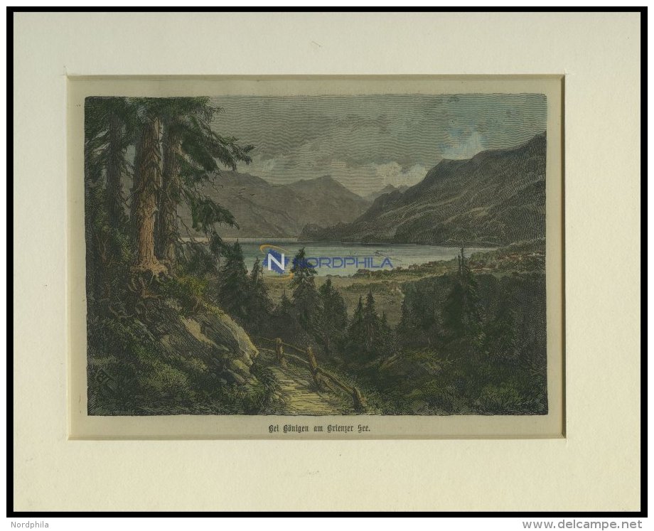 B&Ouml;NIGEN Auf BRIENZER SEE, Gesamtansicht, Kolorierter Holzstich Um 1880 - Lithographien