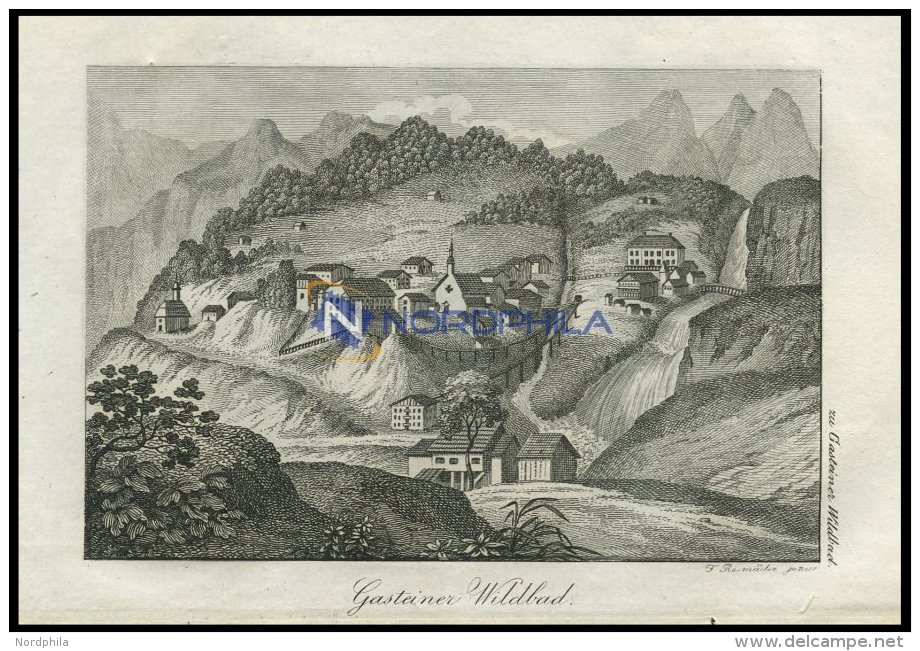 GASTEINER WILDBAD, Land Salzburg/Alpen, Gesamtansicht, Von Bergen Umschlossen, Kupferstich Von F. Rosm&auml;sler Jun. Vo - Litografía