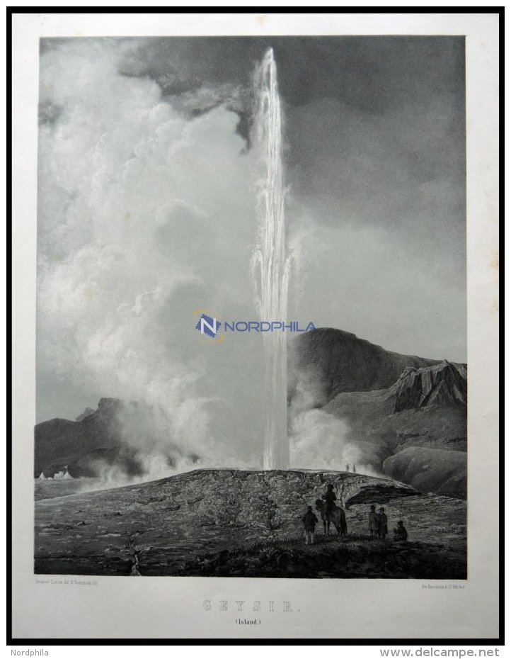 GEYSIR (Geysir), Ansicht Mit Eruptionss&auml;ule Und Zuschauern, Lithographie Mit Tonplatte Von E. Vesterberg Nach Emanu - Lithographien