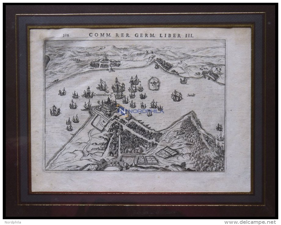 KRONENBORG, Gesamtansicht Aus Der Vogelschau Mit Segelschiffstaffage, Kupferstich Von Bertius Um 1616 - Lithographien