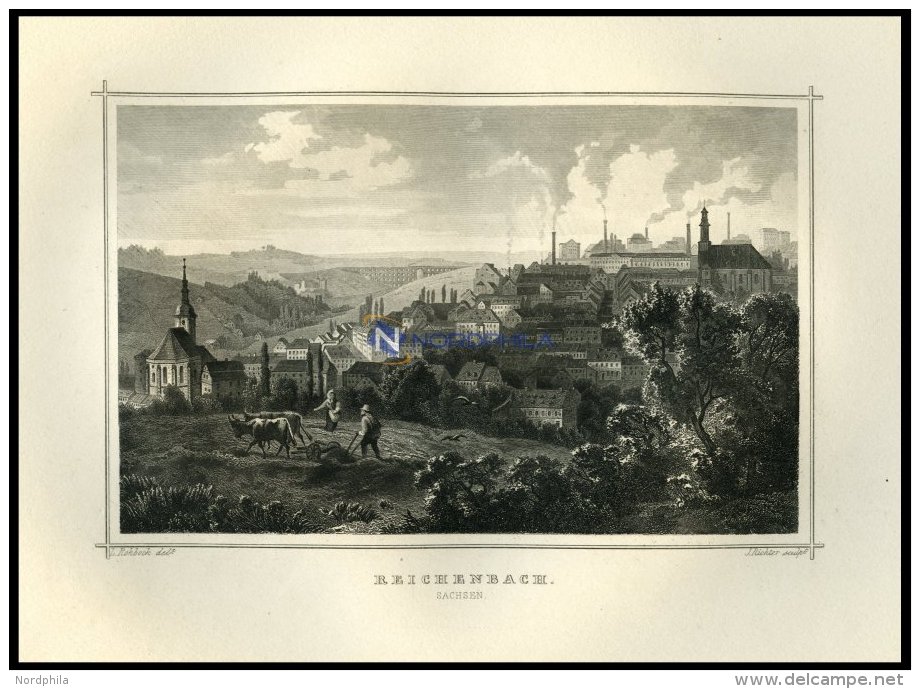 REICHENBACH/SACHSEN, Gesamtansicht Mit Arbeitendem Bauern Im Vordergrund, Stahlstich Von Rohbock/Richter Um 1850 - Litografía