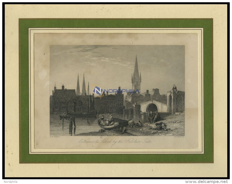 L&Uuml;BECK, Gesamtansicht Mit Der Holstein-Br&uuml;cke, Stahlstich Von Vickers/Roberts, 1840 - Lithographien