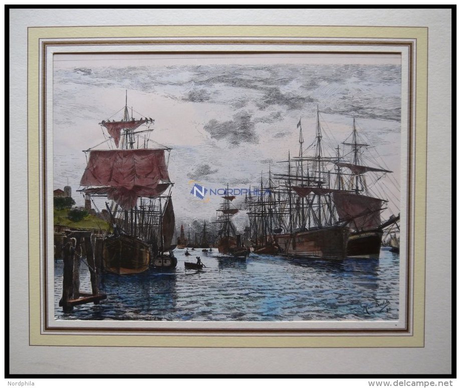 HAMBURG: Der Hafen, Kolorierter Holzstich Von Bartels Von 1881 - Lithographien