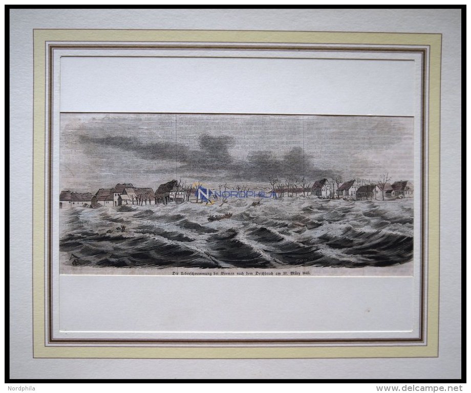 BREMEN: Die &Uuml;berschwemmung, Kolorierter Holzstich Um 1880 - Lithographien