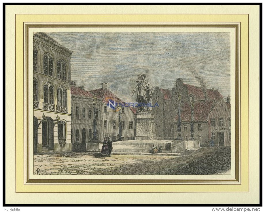 BREMEN: Die Gustav-Adolph-Statue, Kolorierter Holzstich Von 1858 - Litografía
