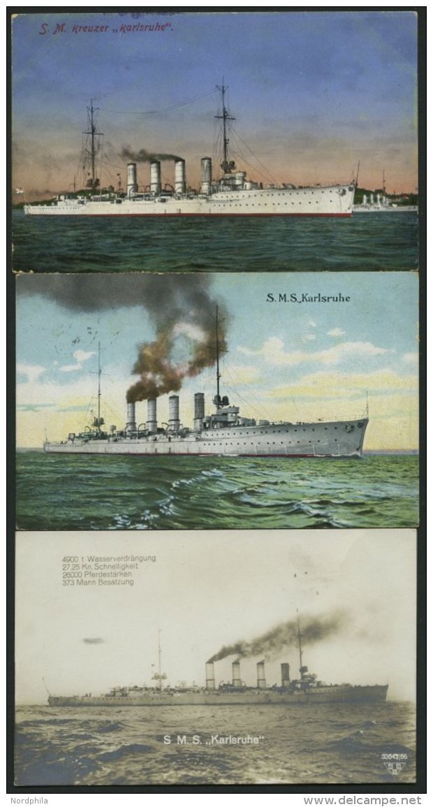 MSP VON 1914 - 1918 S.M.S. Karlsruhe, 3 Verschiedene Ansichtskarten, Pracht - Marítimo