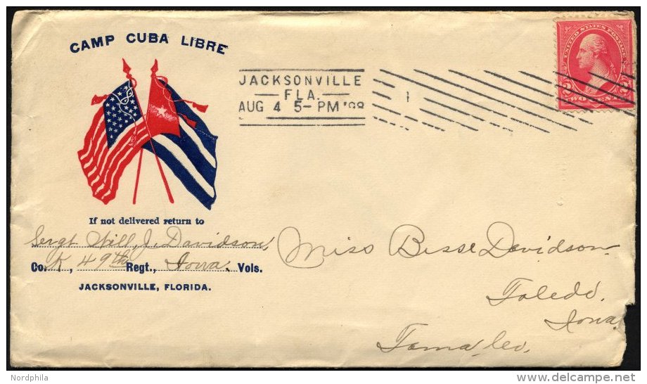 FELDPOST 1898, Patriotischer Brief Mit Maschinen-Stempel Aus Jacksonville/Florida Und Briefinhalt Aus Dem Lager Camp Cub - Gebraucht
