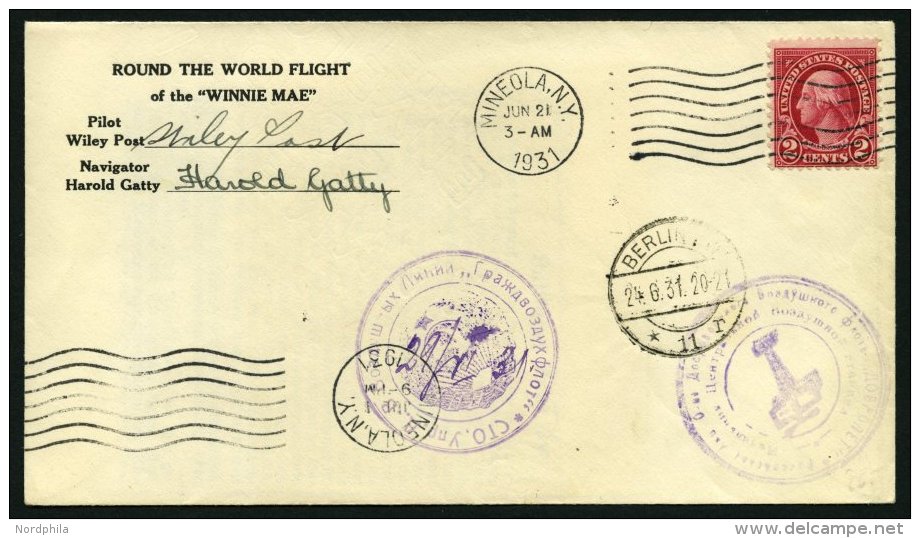 US-FLUGPOST 21.6.1931, Round The World Flight Of The WINNIE MAE, (vom 21.6.-1.7.) Auf Brief Mit 2 Violetten Sonderstempe - 1c. 1918-1940 Briefe U. Dokumente