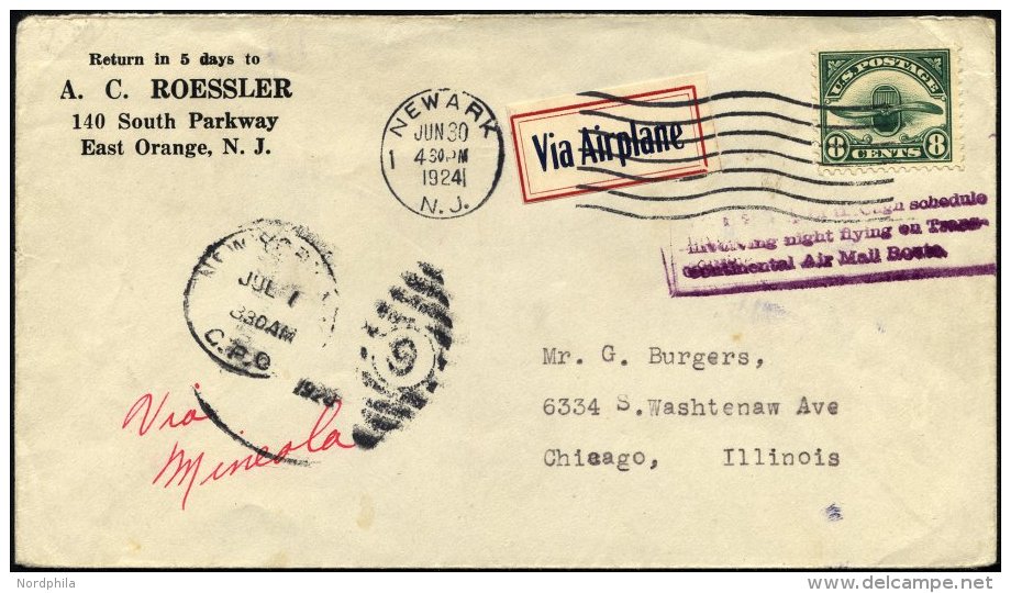 US-FLUGPOST 286 BRIEF, 1.7.1924, 8 C. Auf Trouis-Continentalnachtflugbrief NEWARK-CHICAGO Mit Aufkleber Via Airplane, Pr - 1c. 1918-1940 Covers