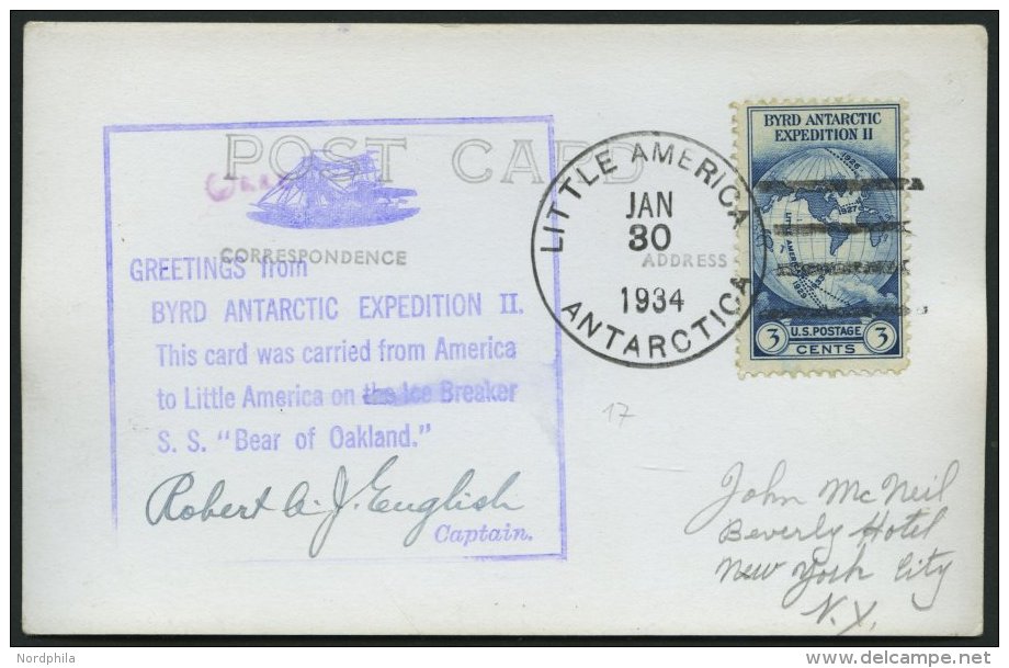 USA 359 BRIEF, 1934, Ansichtskarte Von Byrd Antarctic Expedition: Greetings From..., Mit Verschiedenen Poststempeln Und - Sonstige & Ohne Zuordnung