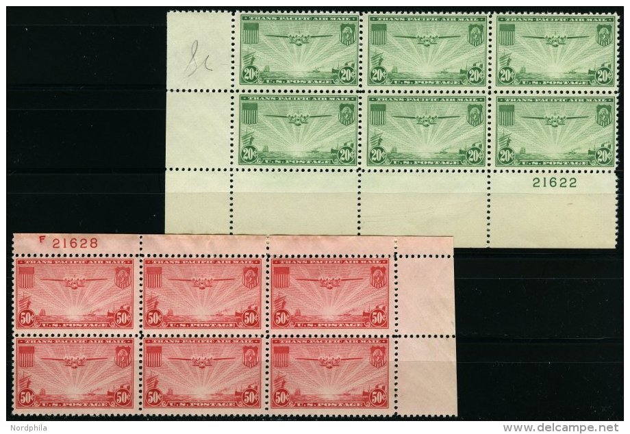 USA 400/1 **, Scott C21/2, 1937, Manila-Hongkong In Sechserblocks Mit Plattennummer, Prachtsatz - Usados