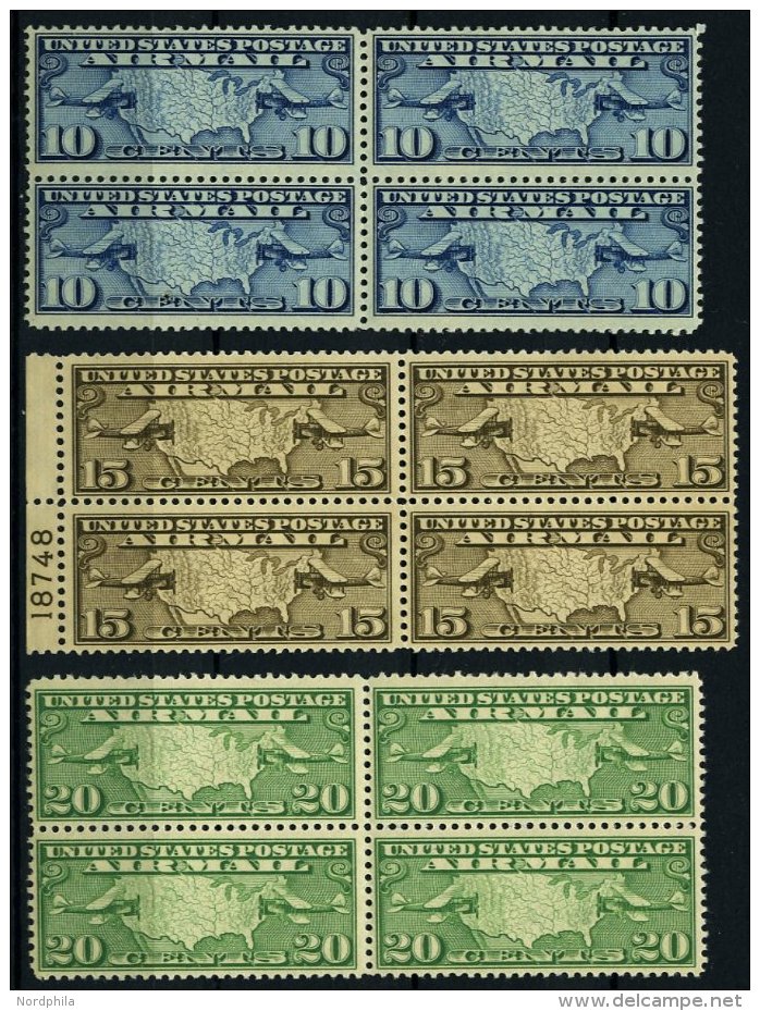 USA 300-02 VB **, Scott C 7-9, 1926, Flugmarken Landkarte In Postfrischen Viererblocks, 15 C. Mit Plattennummer, Eine 10 - Usados