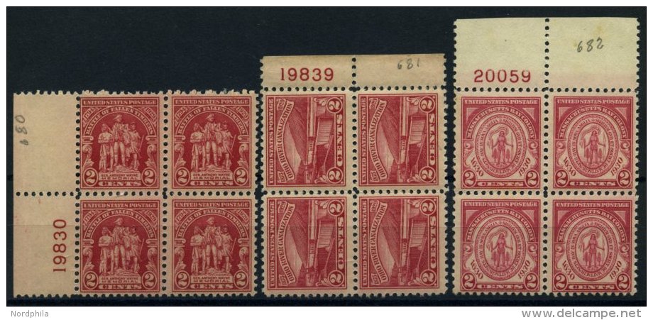 USA 319/20,324 VB **, Scott 680-82, 1929/30, 3 Verschiedene Postfrische Plattenviererblocks, Pracht - Usados