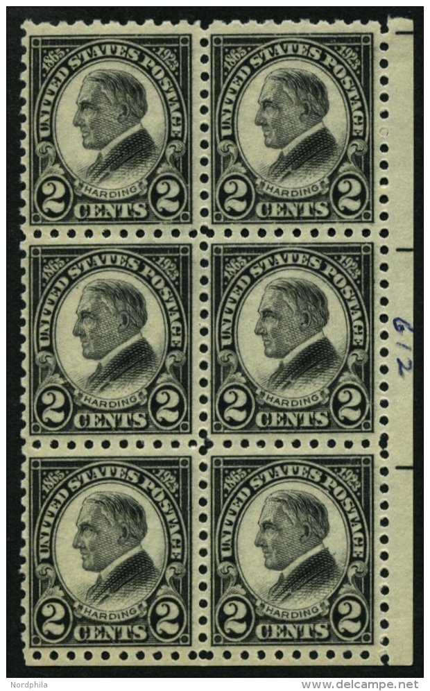 USA 289C **, Scott 612, 1923, 2 C. Harding, Gez&auml;hnt L 10, Im Postfrischen Sechserblock, Pracht - Gebraucht