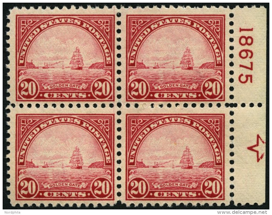 USA 279A VB **, Scott 567, 1923, 20 C. Goldenes Tor, Gez&auml;hnt L 11, Im Postfrischen Plattenviererblock Mit F&uuml;nf - Gebraucht