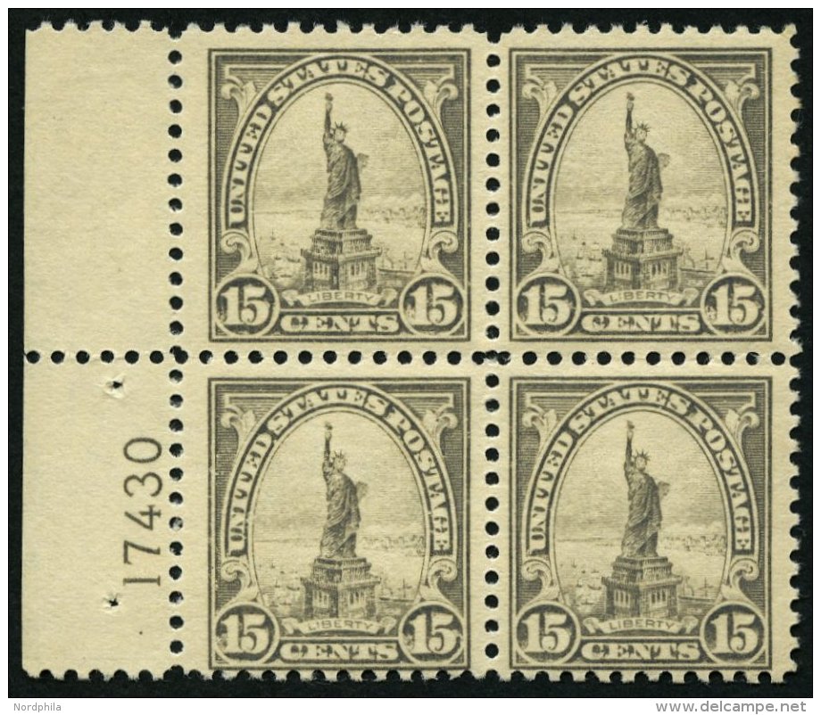 USA 277 VB **, Scott 566, 1922, 15 C. Freiheitsstatue Im Postfrischen Plattenviererblock, Pracht - Usados