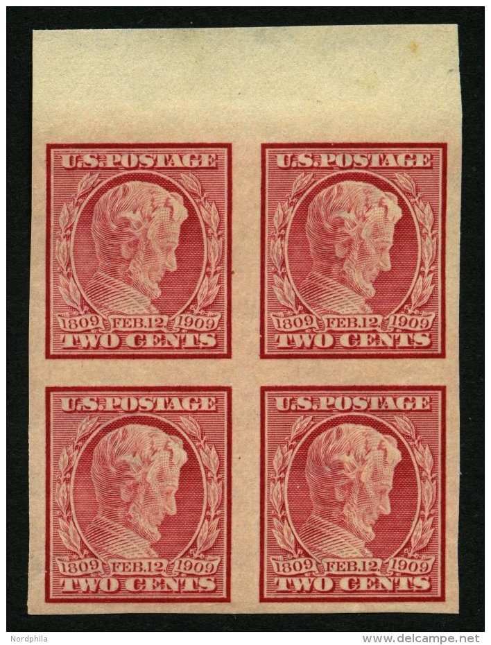 USA 175B VB **, Scott 368, 1909, 2 C. Lincoln, Ungez&auml;hnt, Im Postfrischen Randviererblock, Pracht - Gebraucht