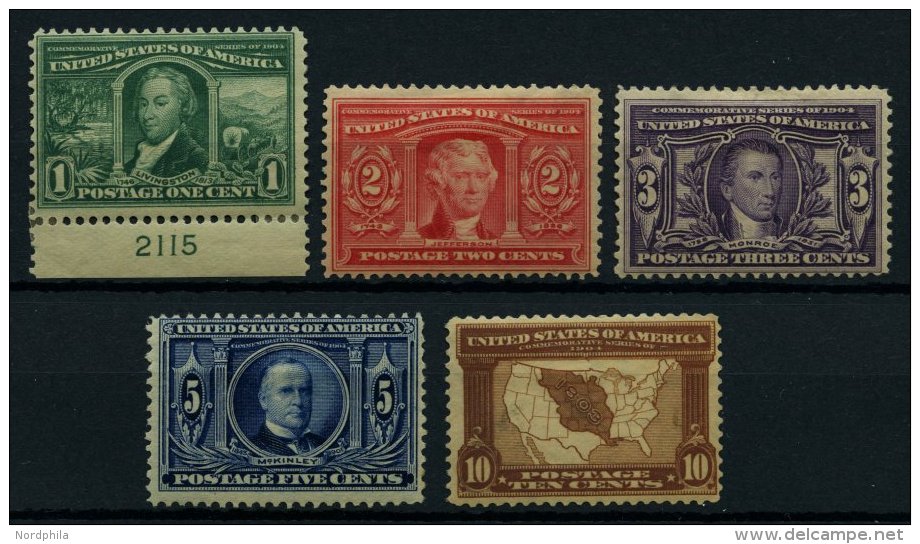 USA 154-58 *, Scott 323-27, 1904, Louisiana-Asustellung, 1 C. Mit Plattennummer, Falzreste, Satz Feinst/Pracht, $ 325 - Usados