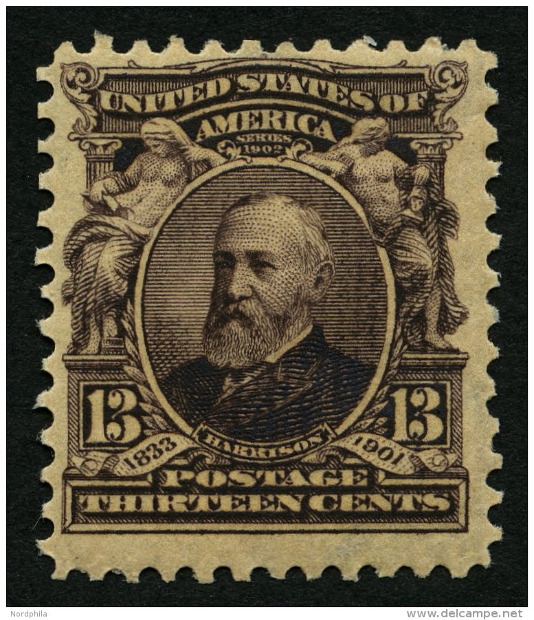 USA 146 **, Scott 308, 1902, 13 C. Harrison, Wz. 1, Gez&auml;hnt L 12, Postfrisch, Pracht, $ 100.- - Gebraucht