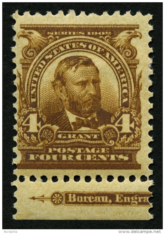 USA 141 *, Scott 303, 1903, 4 C. Grant, Wz. 1, Gez&auml;hnt L 12, Unterrandst&uuml;ck Mit Randinschrift, Falzreste, Prac - Usados