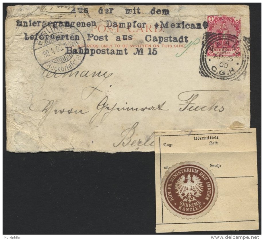 KAP DER GUTEN HOFFNUNG 41 BRIEF, 1900, Ansichtskarte Nach Berlin Von Dem Britischen Dampfer MEXICAN, Der Nach Einem Zusa - Kap Der Guten Hoffnung (1853-1904)