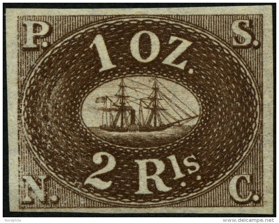 PERU 2P (*), 1857, 2 R., Probedruck In Dunkelbraun, Ohne Gummi, Pracht - Peru
