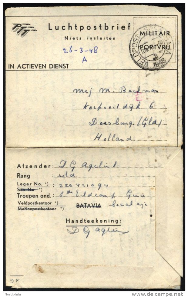 NIEDERL&Auml;NDISCH-INDIEN 1948, K2 VELDPOST 7 DEC.DIV./1948 Auf Luft-Feldpost-Faltbrief Mit Eingedruckter Portofreiheit - Niederländisch-Indien