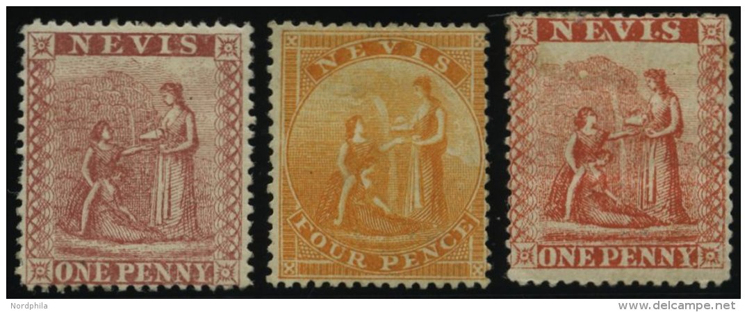 NEVIS 5,6,8 *, 1866/76, 1 P., 4 P. Und 1. P. Heilquelle, Falzreste, 3 Werte Feinst/Pracht - St.Kitts Y Nevis ( 1983-...)
