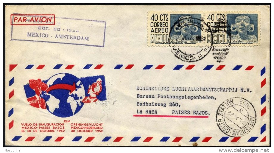 MEXIKO 30.10.1952, KLM-Erstflug MEXIKO-AMSTERDAM, Leichte Bedarfsspuren, Prachtbrief - Mexiko