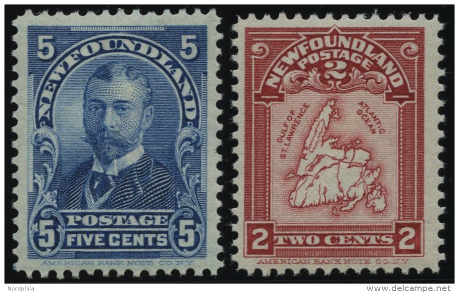 KANADA - NEUFUNDLAND 66/7 *, 1899/1908, 5 C. K&ouml;nig Georg V Und 2 C. Landkarte, Falzrest, 2 Prachtwerte, Mi. 95.- - 1857-1861