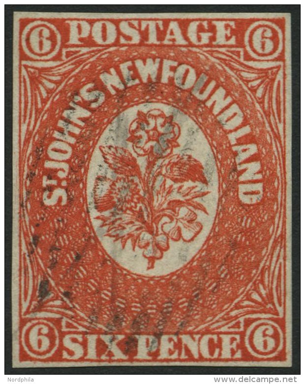 KANADA - NEUFUNDLAND 6a O, 1857, 6 P. Zinnober (SG.-Nr. 6), Zarter Balkenstempel, Vollrandig, Farbfrisches Prachtst&uuml - 1857-1861