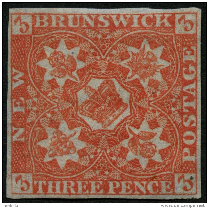 KANADA - NEUBRAUNSCHWEIG 1 *, 1851, 3 P. Rot, Falzrest, Vollrandiges Farbfrisches Prachtst&uuml;ck, Mi. 2800.- - Usados