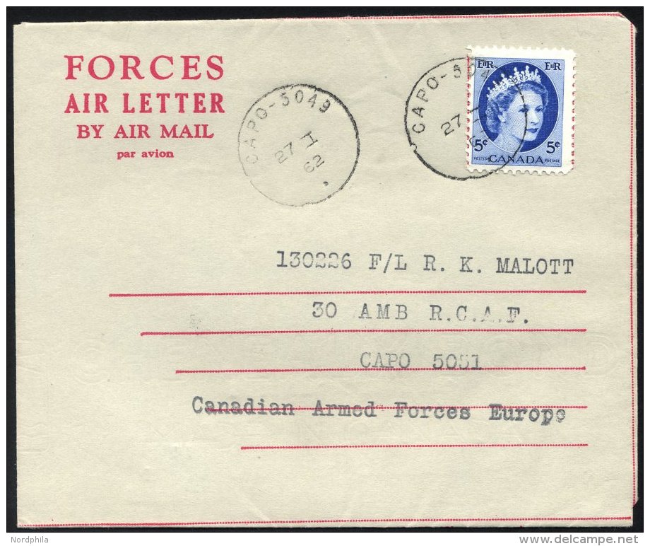 KANADA 294 BRIEF, 1962, 5 C. Hellblau Mit K1 CAPO-5049 Auf Feldpost-Aerogramm Der Kanadischen Truppen (UNEF), Bef&ouml;r - Kanada