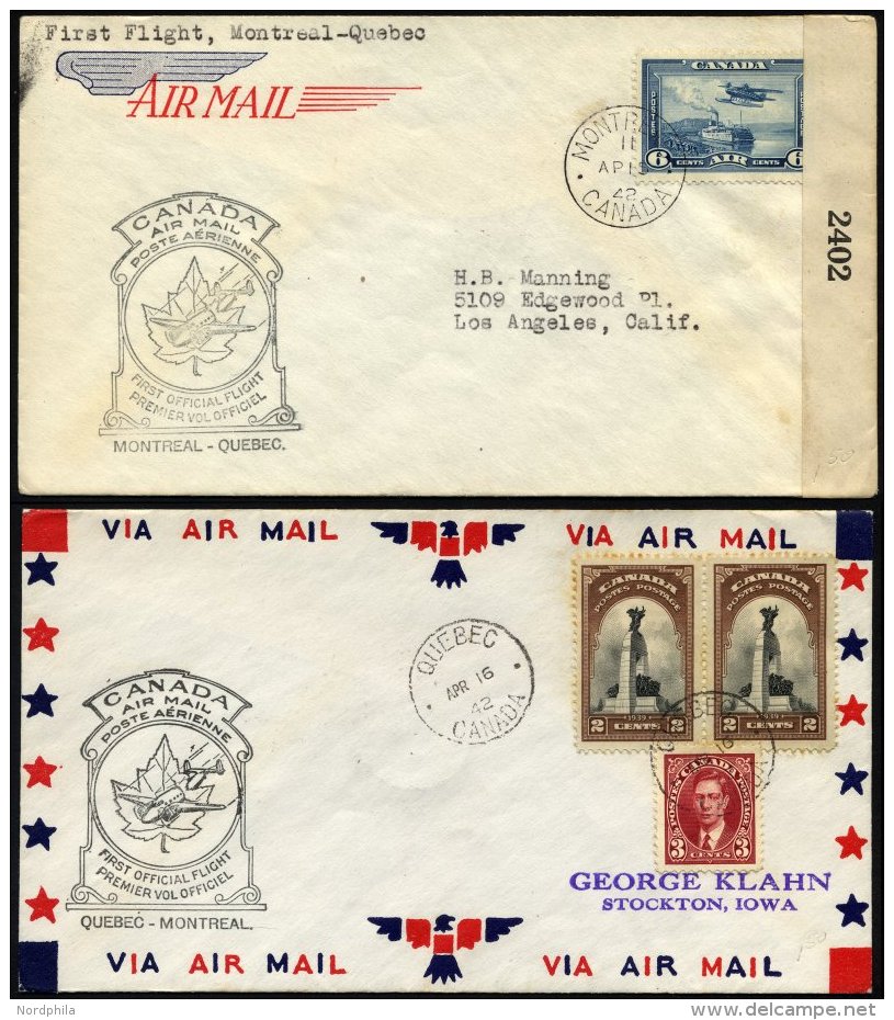 KANADA 211,214 BRIEF, 11.4.1942, Erstflug MONTREAL-QUEBEC Und Am 16.4. R&uuml;ckflug, 2 Prachtbriefe - Kanada