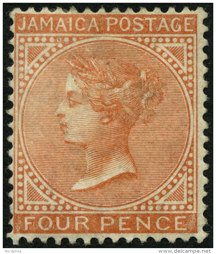 JAMAIKA 18 *, 1883, 4 P. Br&auml;unlichrot, Wz. CA Einfach, Falzrest, Feinst, Mi. 500.- - Jamaica (...-1961)