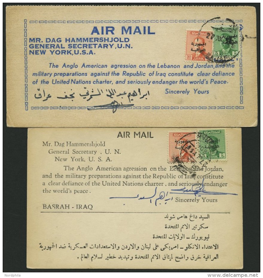 IRAK 1959/60, 2 Verschiedene UN-Protest-Luftpostkarten An UN-Generalsekret&auml;r Hammershjold, Pracht - Irak