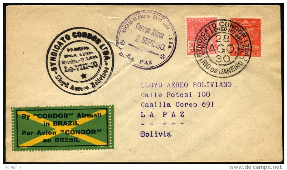 BRASILIEN 28.8.1930, Condor-Erstflug RIO DE JANEIRO-LA PAZ, Starke Vorderseitige Bef&ouml;rderungssch&auml;den, M&uuml;l - Otros & Sin Clasificación