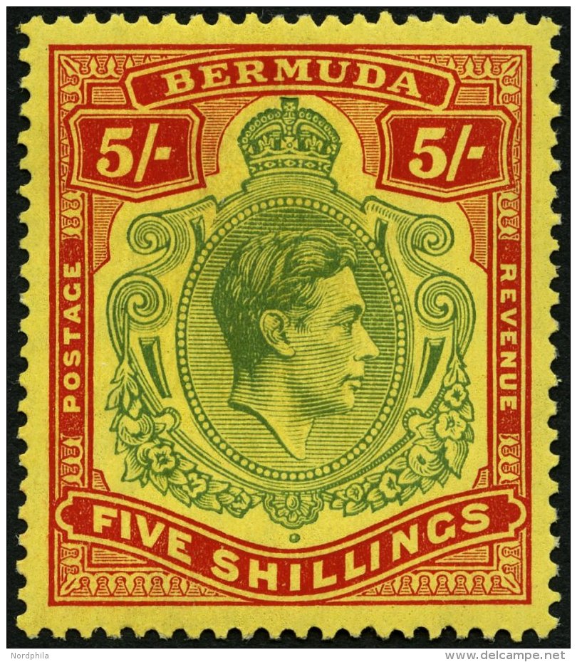 BERMUDA-INSELN 113a *, 1938, 5 Sh. Rot/gr&uuml;n Auf Gelb (SG 118), Falzrest, Pracht, SG Âœ 140.- - Bermudas