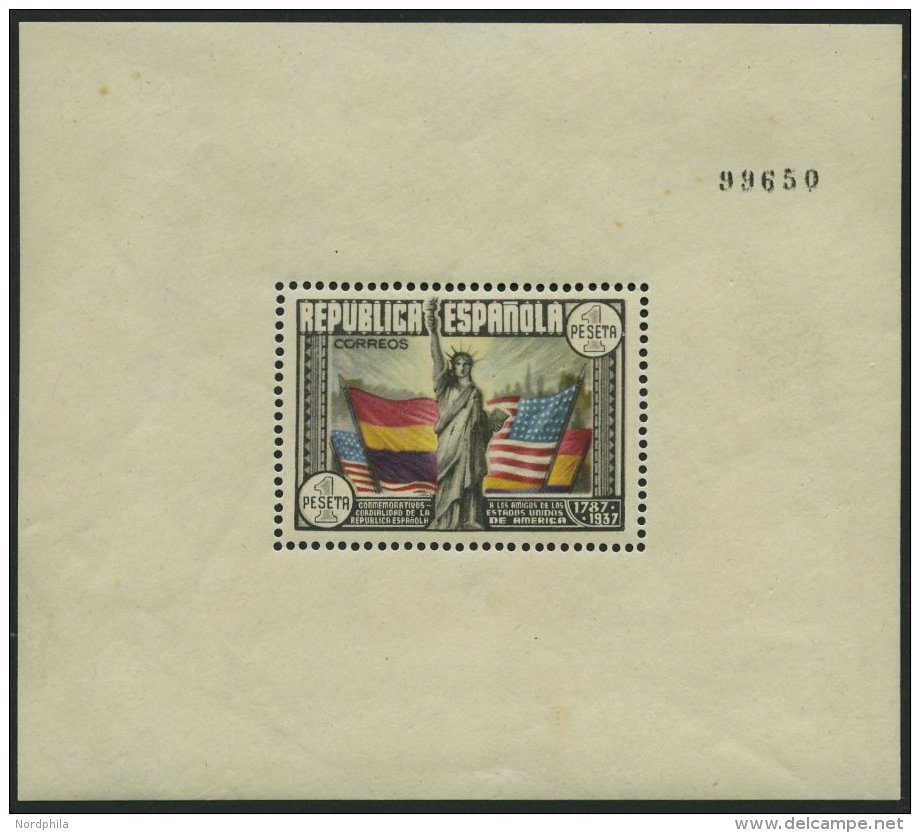 SPANIEN Bl. 3 **, 1938, Block 150. Jahrestag Der Verfassung Der USA, Herstellungsbedingter Brauner Gummifleck, Pracht, M - Otros & Sin Clasificación