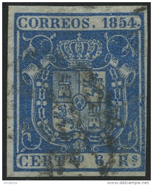 SPANIEN 30w O, 1854, 6 R. Blau, D&uuml;nnes Wei&szlig;es Papier, Pracht, Mi. 300. - Gebraucht