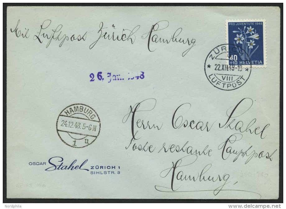 LUFTPOST Brief , 22.12.1948, Z&uuml;rich-Stuttgart-Hamburg, 1. Nachkriegsflug, SAS-Prachtbrief Frankiert Mit Mi.Nr. 517 - Erst- U. Sonderflugbriefe