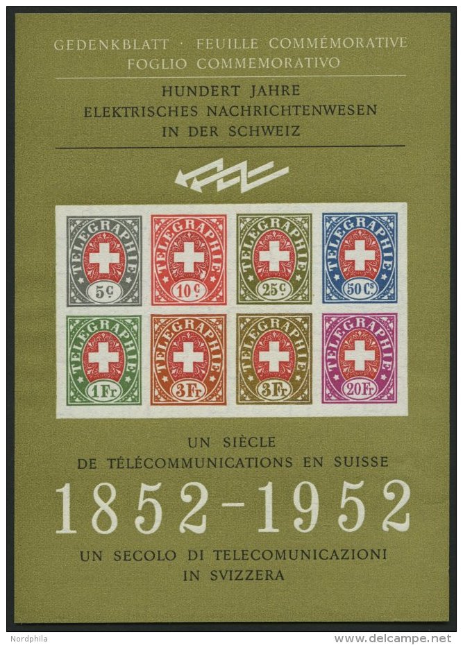 TELEGRAFENMARKEN (*), 1952, Gedenkblock Mit 8 Telegrafenmarken, Pracht, Mi. 90.- - Telégrafo