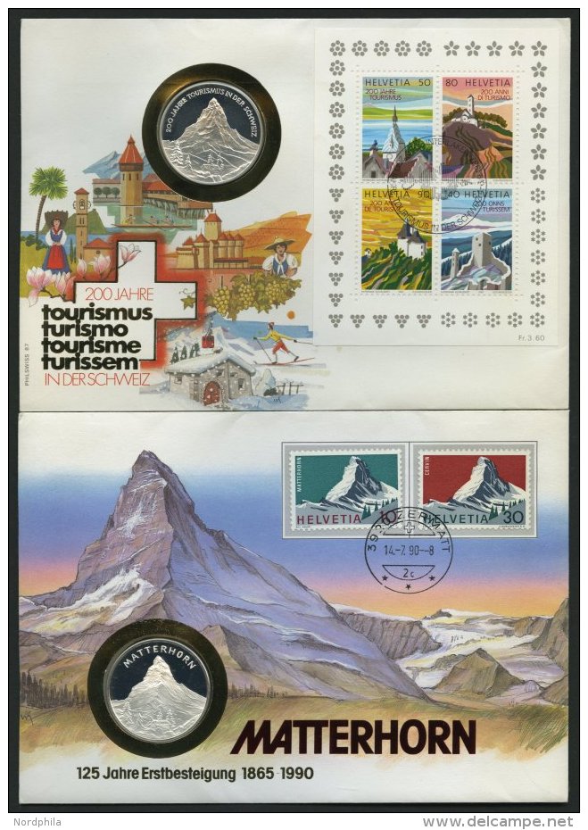 SCHWEIZ BUNDESPOST 820/1, Bl.25 BRIEF, 1990, 2 M&uuml;nzbriefe: 125 Jahre Erstbesteigung Matterhorn Und 200 Jahre Touris - Otros & Sin Clasificación